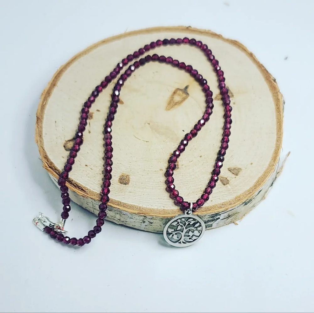 Faceted Garnet,  Tree of Life charm necklace 3 mm